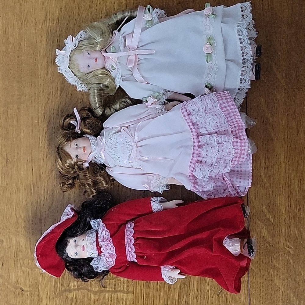 Ceramic/Cloth 8" Dolls With Fancy Dresses & Styled Hair Lot Of 3